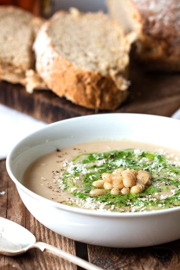 White Bean and Pesto Sou - A creamy and comforting vegetarian soup - without the cream!