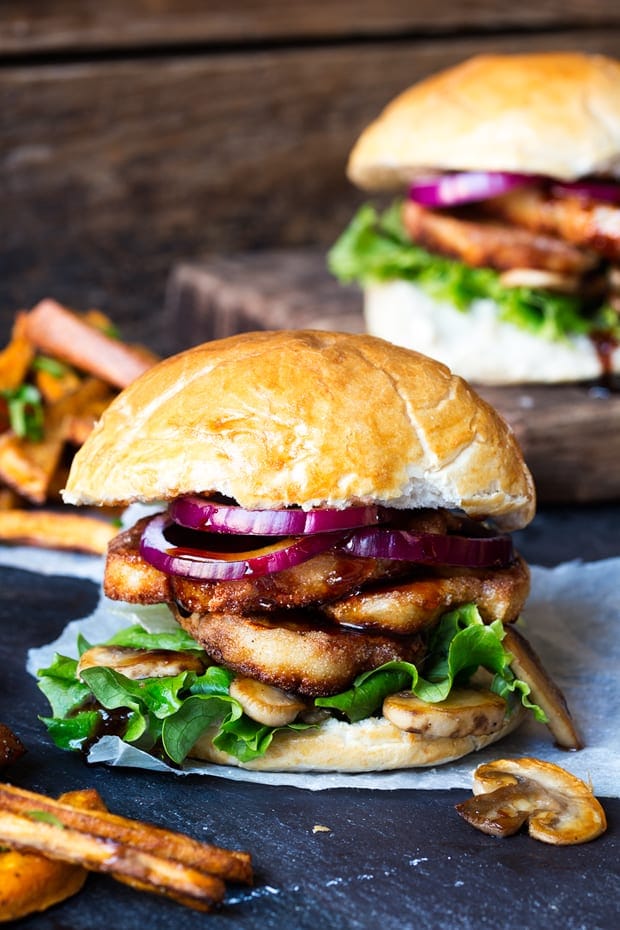 Halloumi burger with sticky chili drizzle.