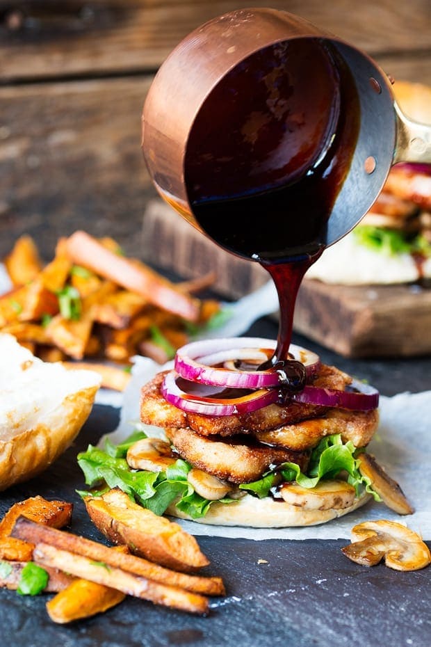 Halloumi burger with sticky chili drizzle.