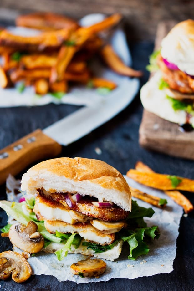 Halloumi burger with sticky chili drizzle.