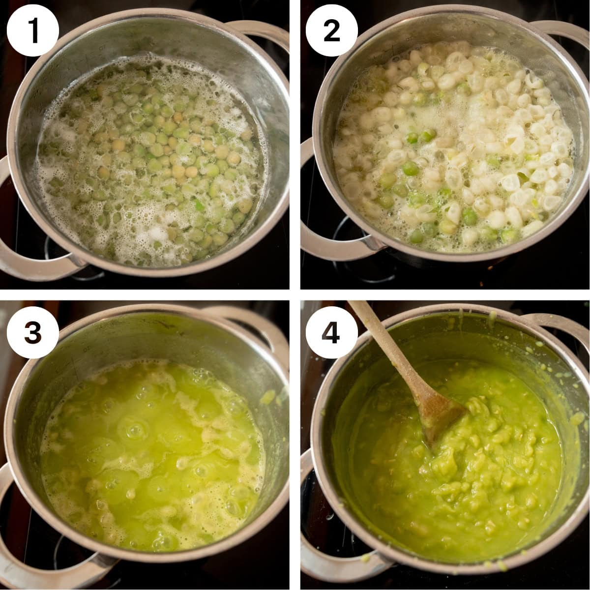 A collage of four images, separated by white lines, at the top left corner of each image, there is a white circle with the numbers 1-4 in each. In the top left image, there are some green peas, covered in water in a silver pot, which is on a black induction hob. The top right image shows green peas covered in water, which is boiling. This is in a silver pot, on a black induction hob. In the bottom left of the image, there is a silver pot of mushy peas, on a black induction hob. And in the bottom right of the image there is a silver pot if cooked mushy peas, with a wooden spoon sticking out of the dish. This is on a black induction hob.